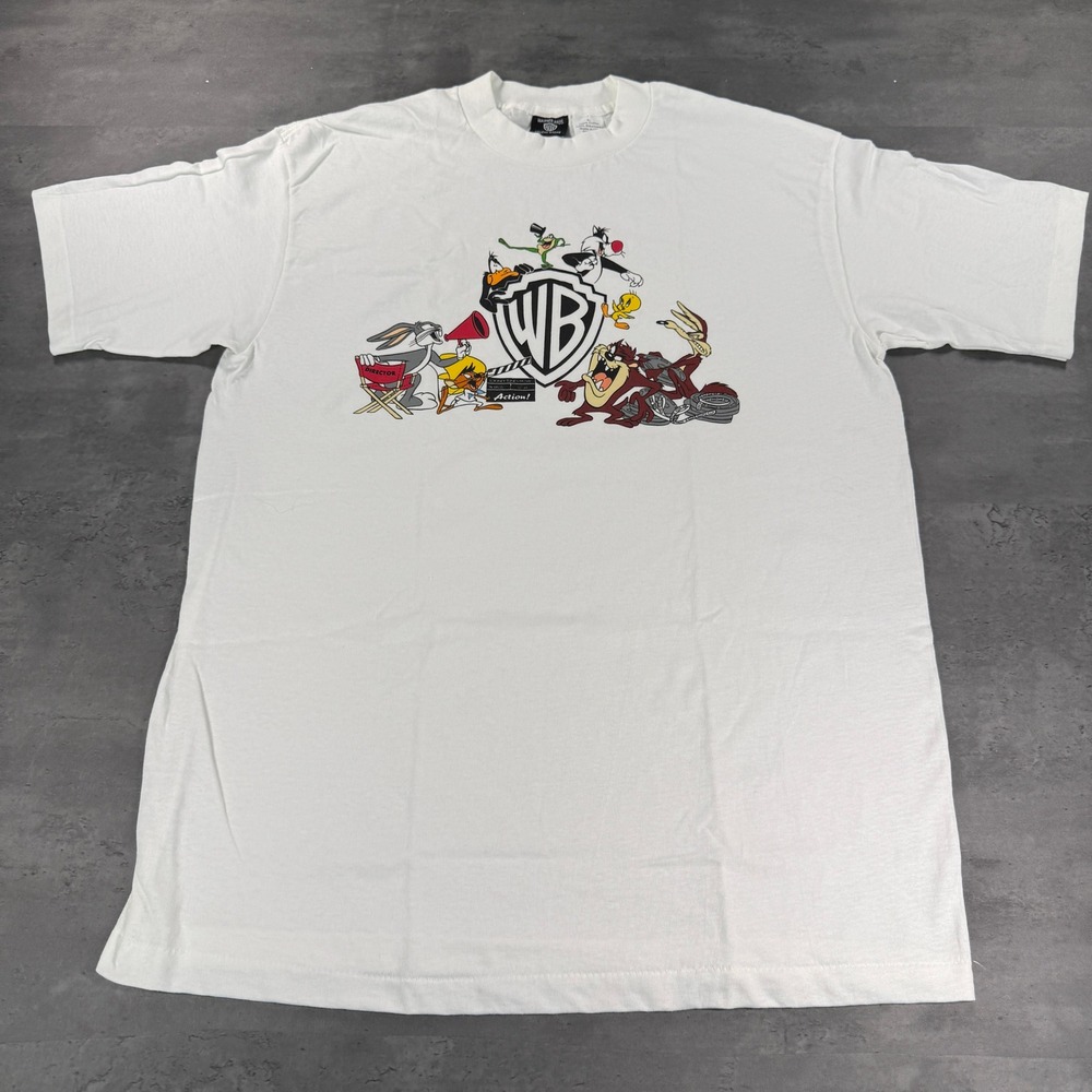 Vintage 90s Warner Bros Looney Tunes T Shirt Film Reel Tin White‎ Mens Large USA